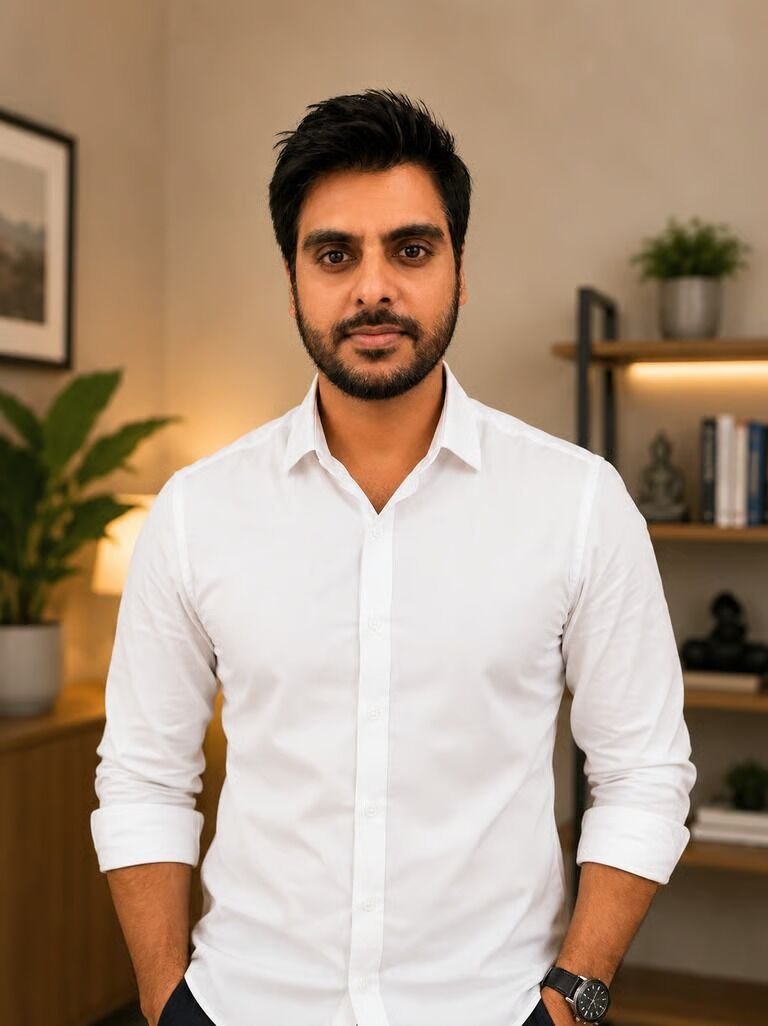 Vaibhav Chinchure in a white shirt, standing in a softly lit room with plants and bookshelves behind him
